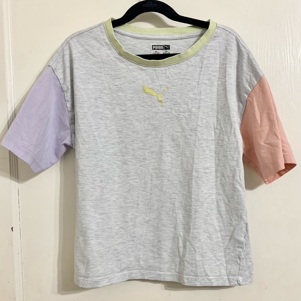 PUMA Kids' Pastel Colorblock Short Sleeve Tee - White with Lavender & Peach